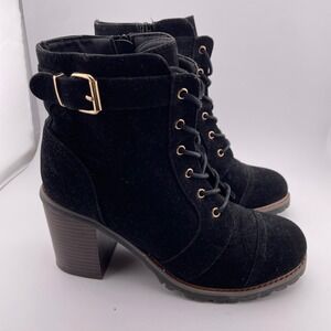 Hippie Laundry Cleo Chunky Black Lace‎ Up Ankle Boots Gold Accents Women Size 9M